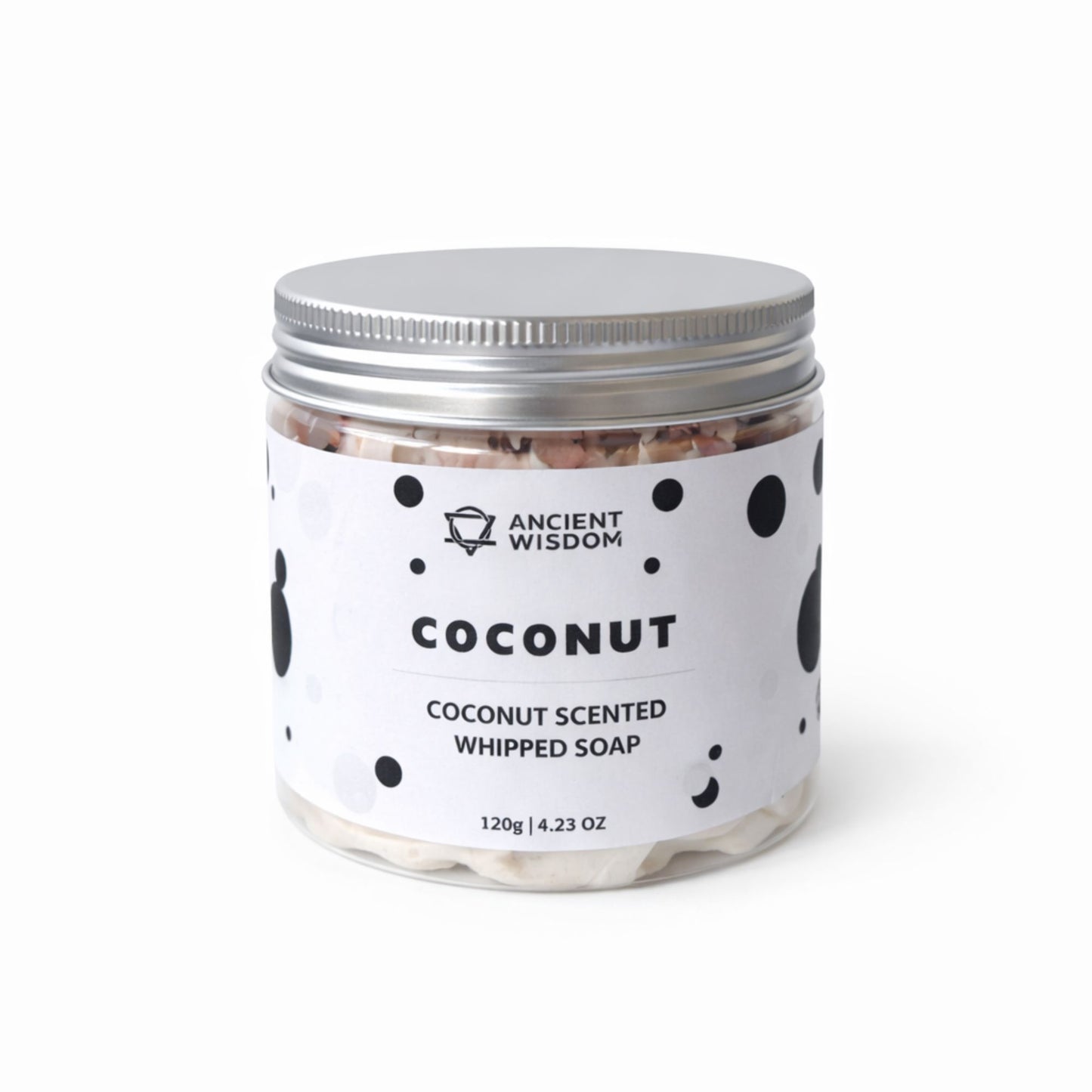 Jabón batido de coco, 120g, envase metálico con diseño negro y blanco, fragancia tropical.
