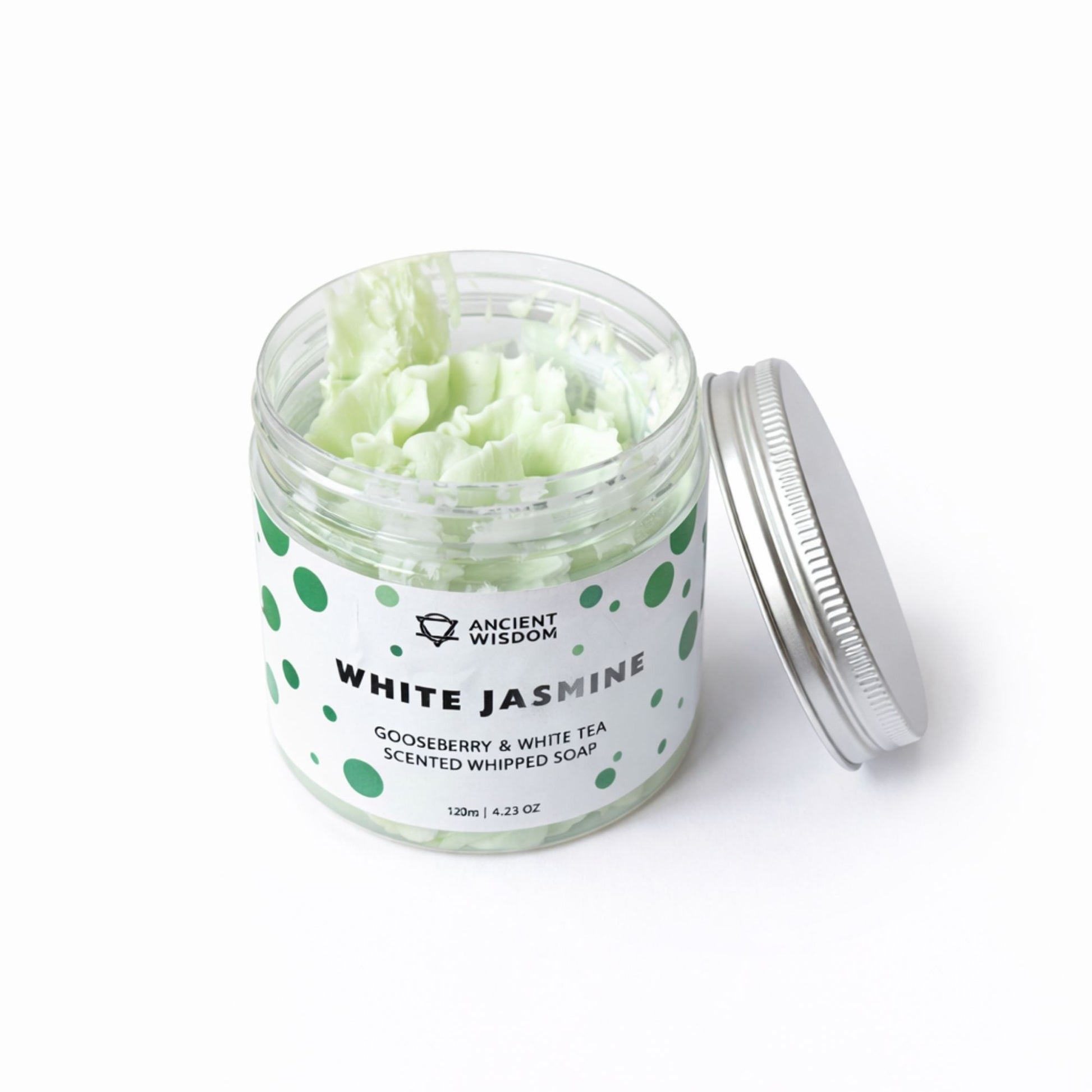 Jabón batido aromático de grosella espinosa y té blanco en frasco verde y blanco de 123 ml.