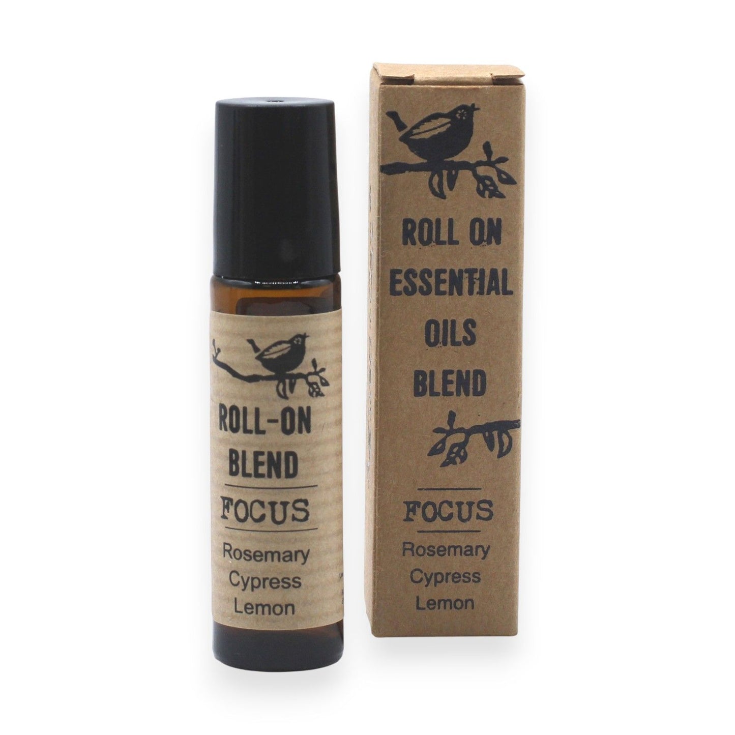Mezcla de aceites esenciales en roll-on, caja kraft, aroma a romero, ciprés y limón. Ideal para la concentración.