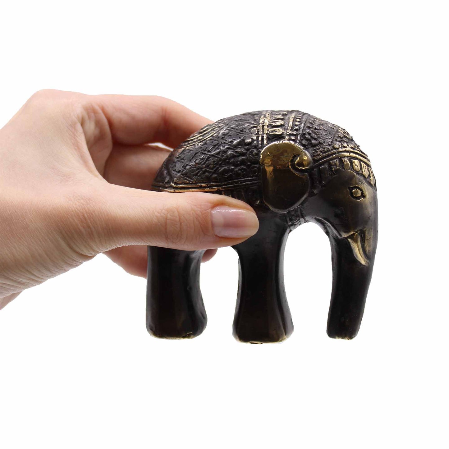 Elefante decorativo de resina negra con detalles dorados, estilo indio, pequeño y artesanal.