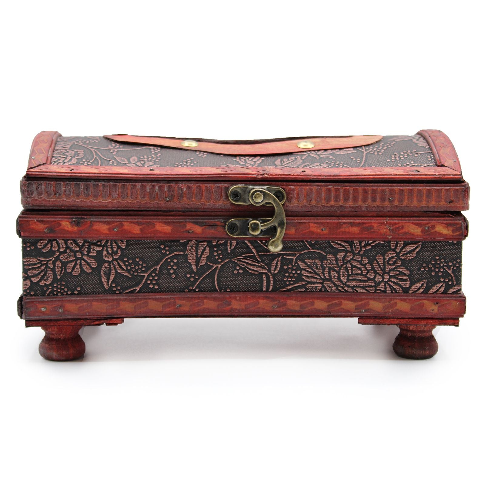 Caja decorativa de madera roja y negra con grabados florales, estilo vintage, tapa con cierre de metal.