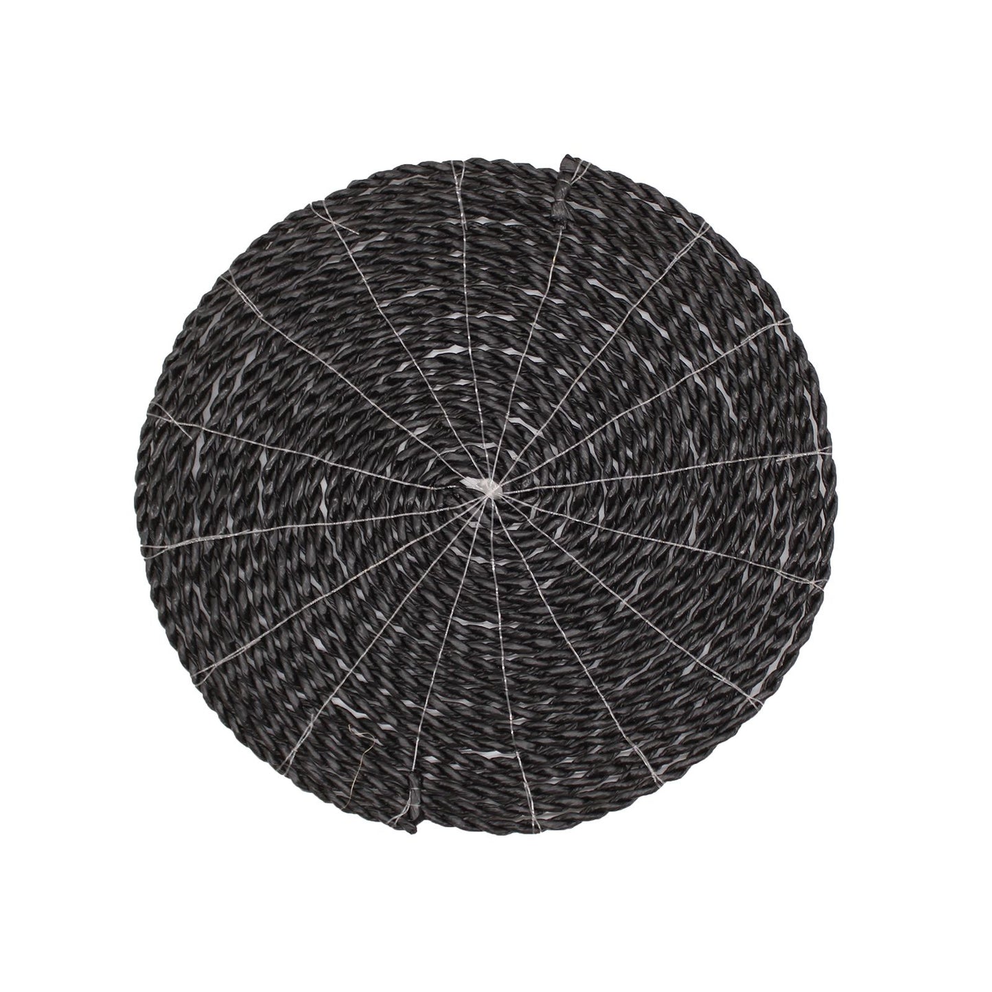 Alfombra de yute trenzado en tonos negros y grises, diseño circular, ideal para decoración moderna.