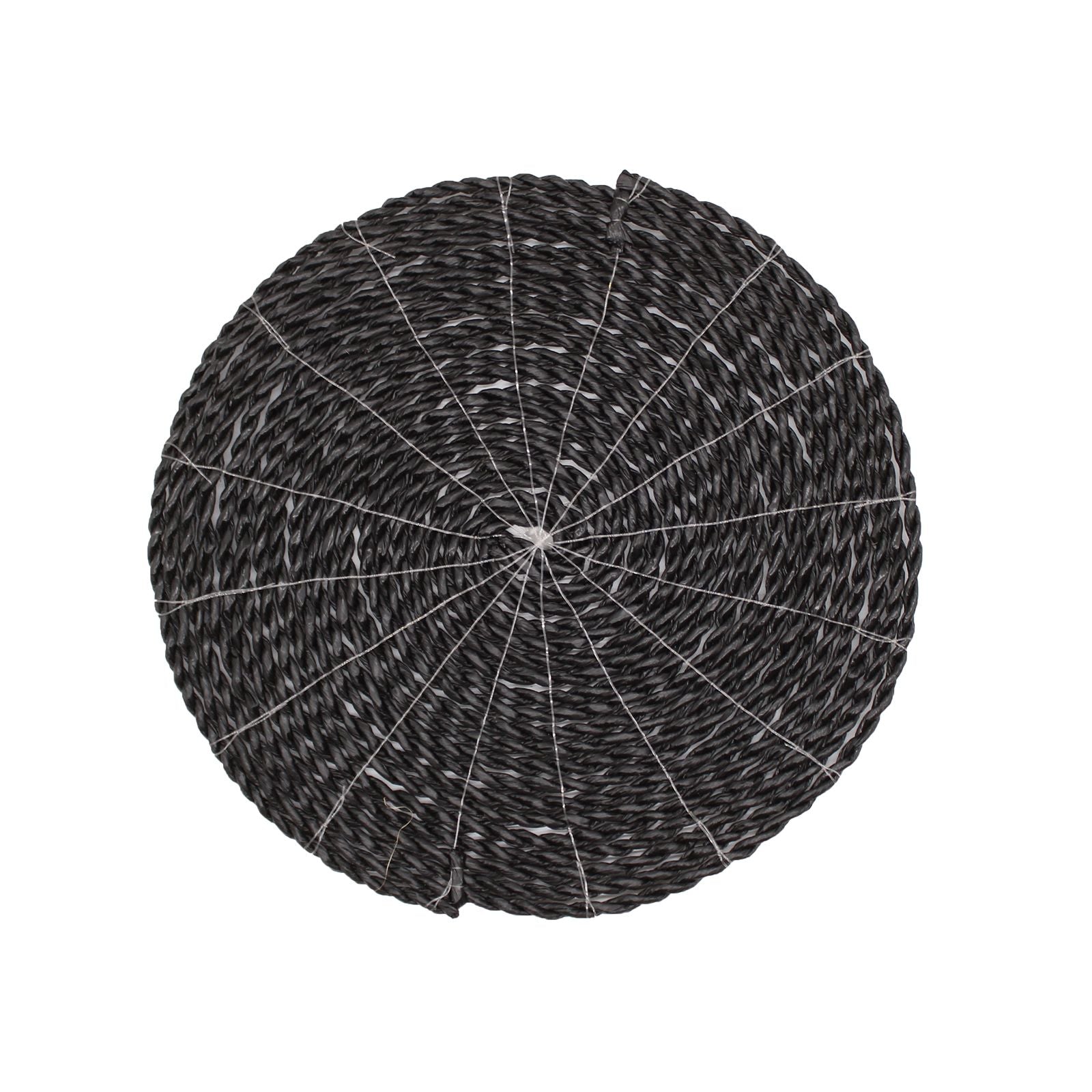 Alfombra de yute trenzado en tonos negros y grises, diseño circular, ideal para decoración moderna.