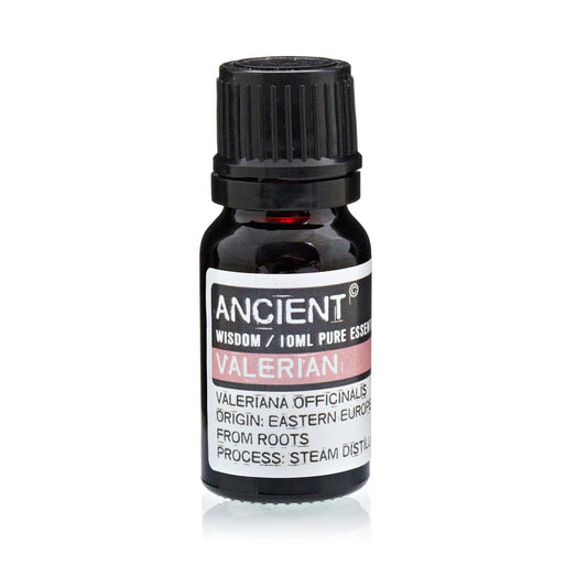 Aceite esencial de Valeriana 10ml, color ámbar, envase de vidrio, originario de Europa del Este, destilado al vapor.
