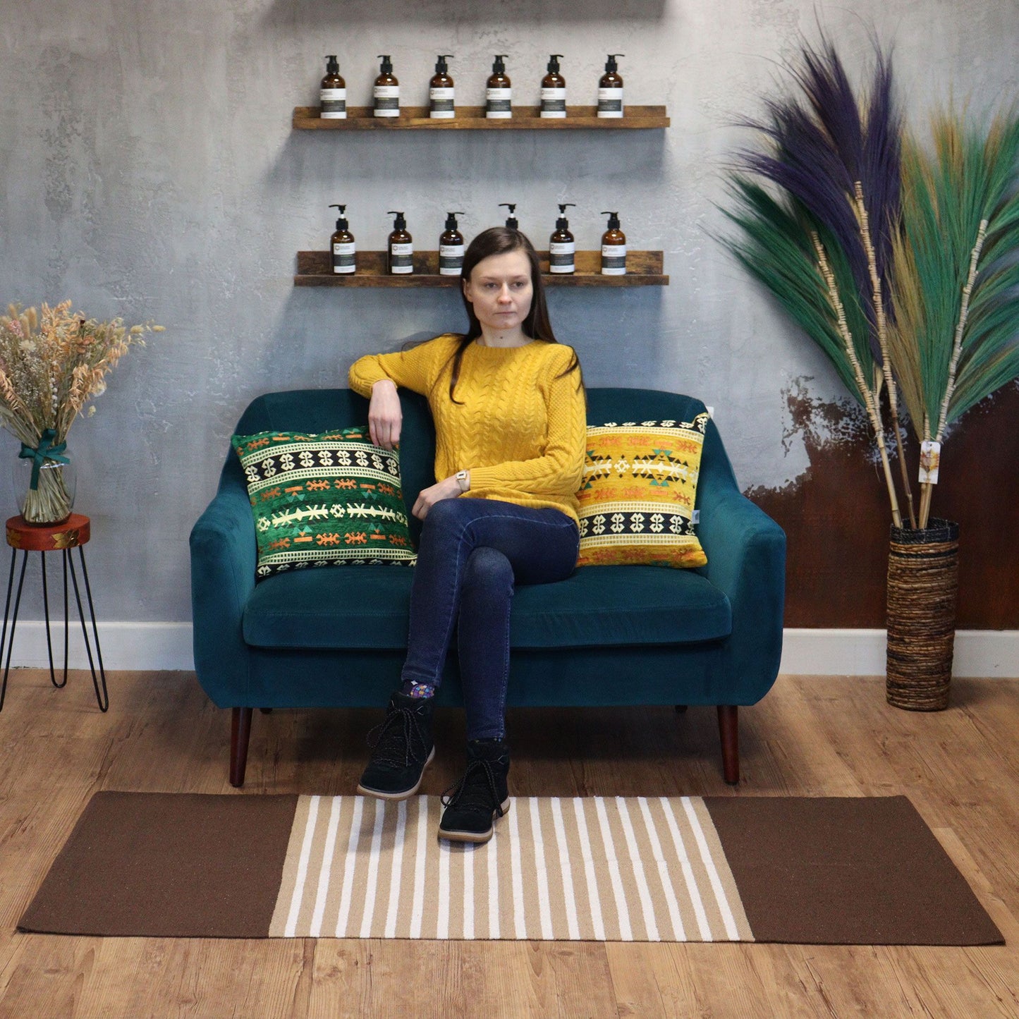 Alfombra India de Algodón - 70x170cm - Marrón Oscuro / Beige