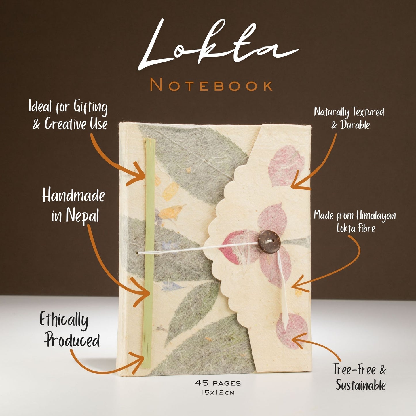 Cuaderno Lokta, hecho a mano en Nepal, color crema con hojas, 45 páginas, ético, libre de árboles y sostenible.