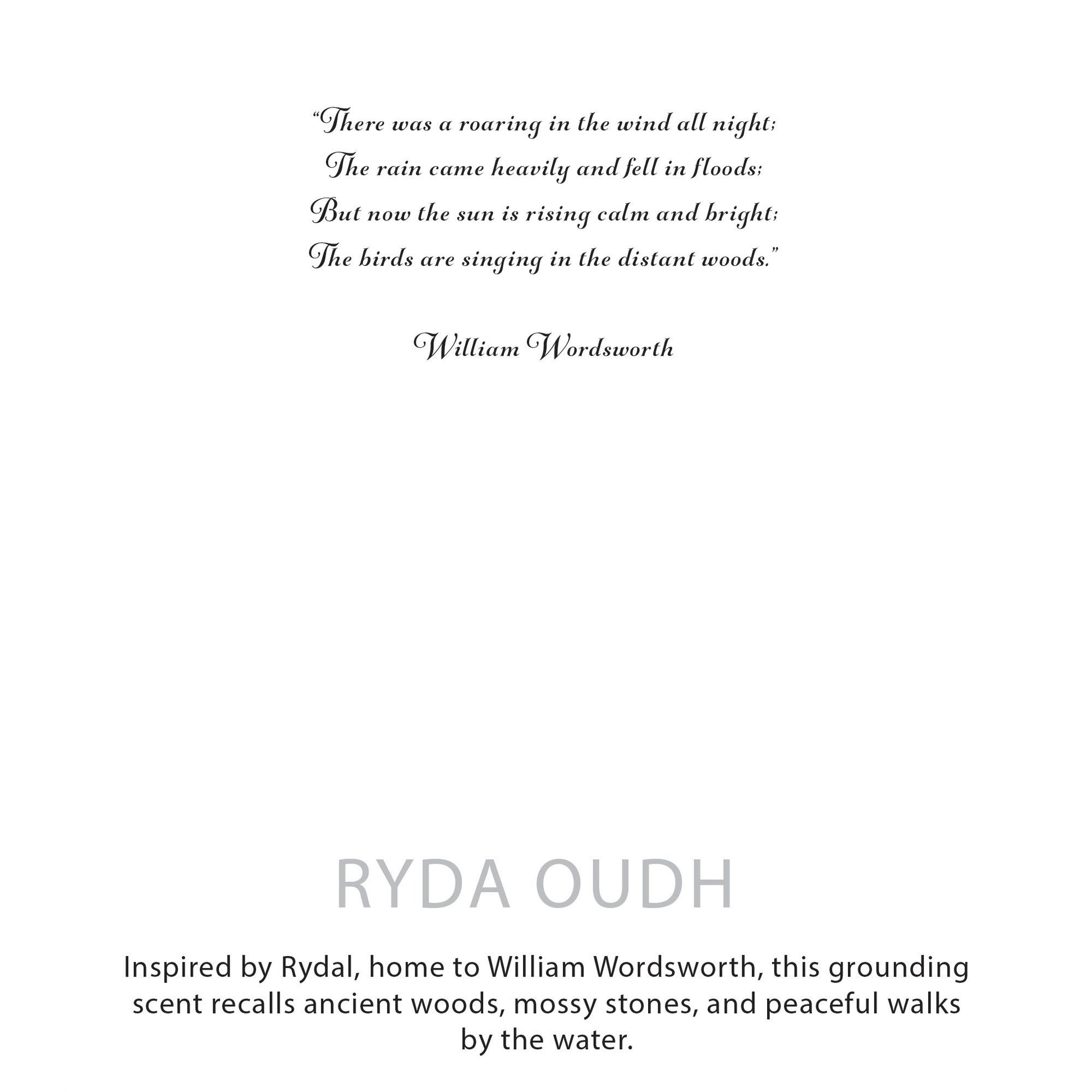 "Ambientador RYDA OUDH, aroma amaderado con notas de musgo y flores, envase en tonos marrones y dorados."