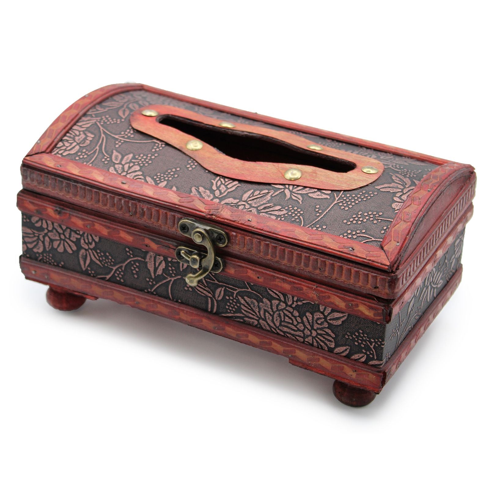 Caja de madera decorativa roja y negra con detalles en flor, estilo vintage y tapa con ranura.