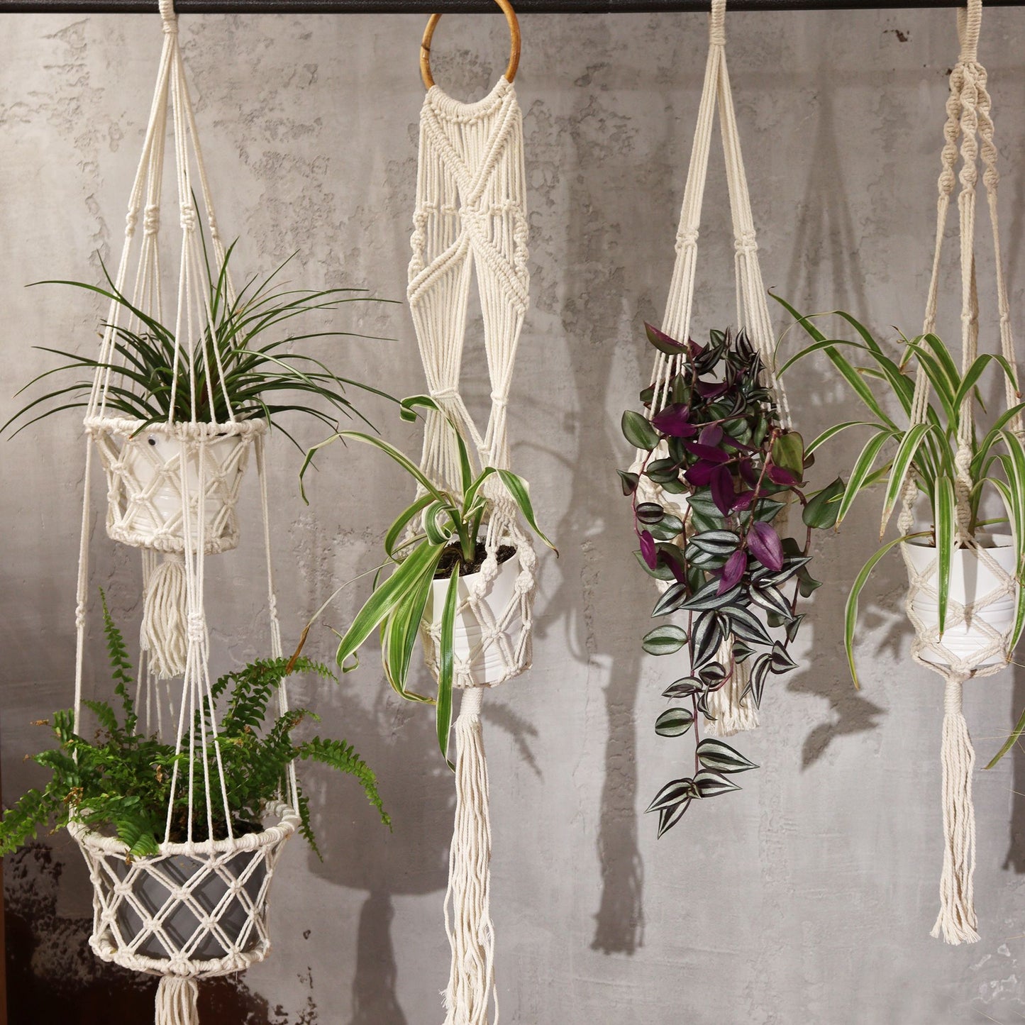 Macramé blanco para plantas colgantes, con macetas de cerámica, estilo boho, ideal para decoración interior.