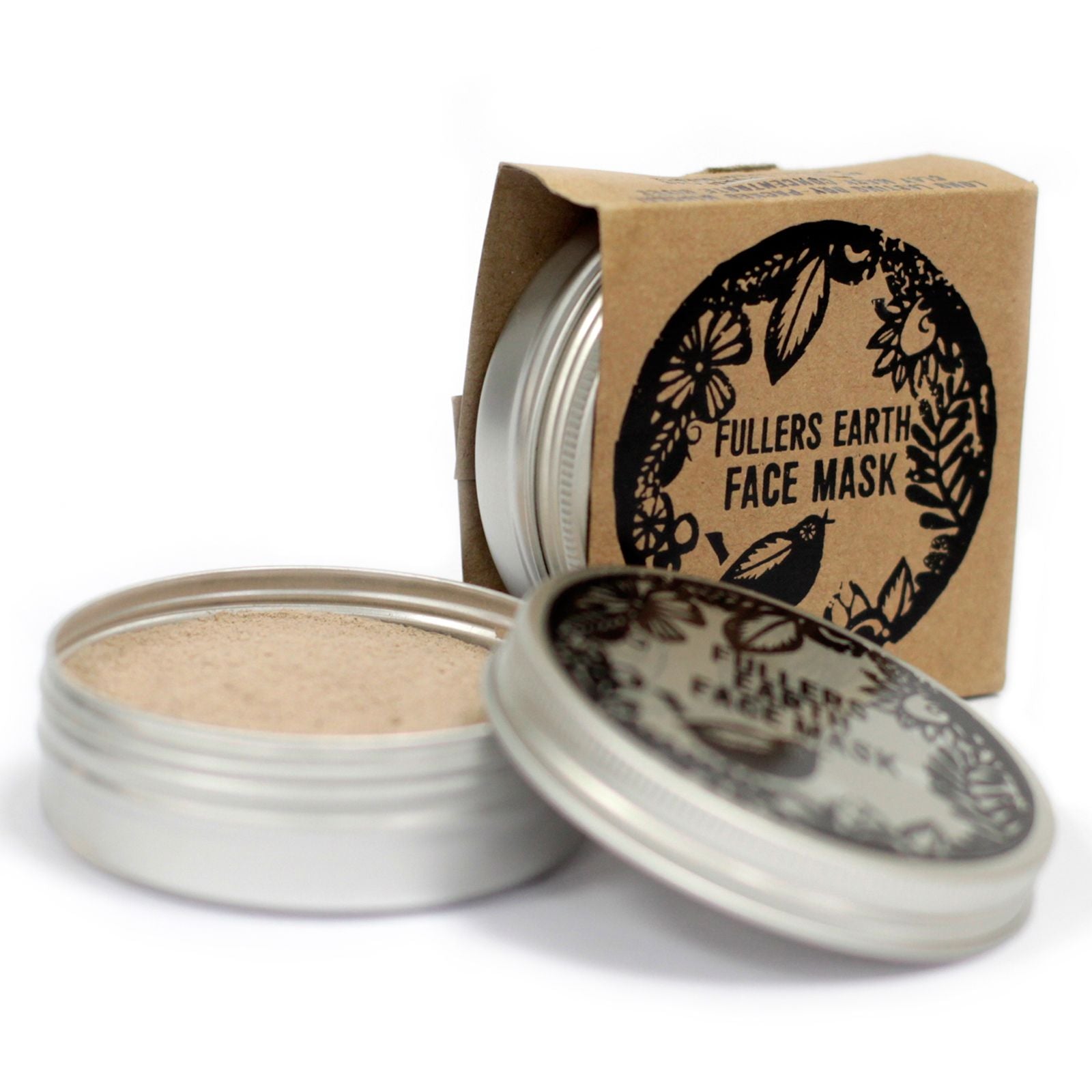 Mascarilla facial de arcilla Fuller Earth de Agnes + Cat en caja de cartón marrón y tarro de aluminio abierto.