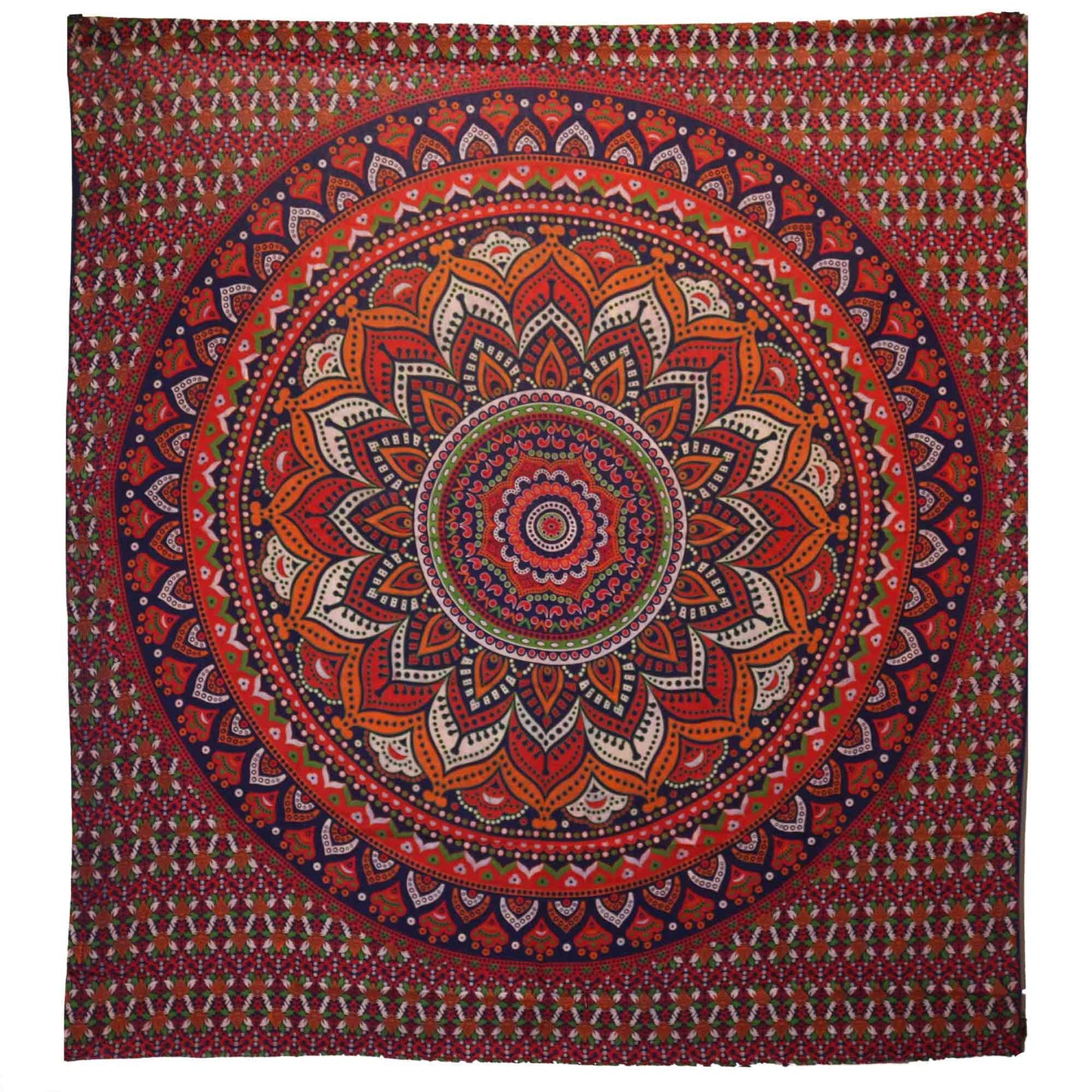 Tapiz mandala circular en tonos rojos, azules y beige, de algodón, estilo bohemio, ideal para decoración.
