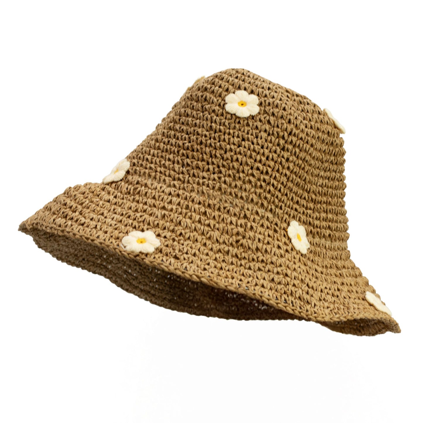 Sombrero de paja trenzada color marrón con flores blancas, estilo bohemian ideal para verano.