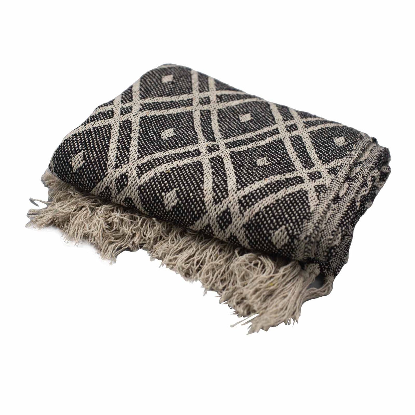 Manta de algodón negro con diseño geométrico en beige y flecos, estilo bohemio, perfecta para decoración.