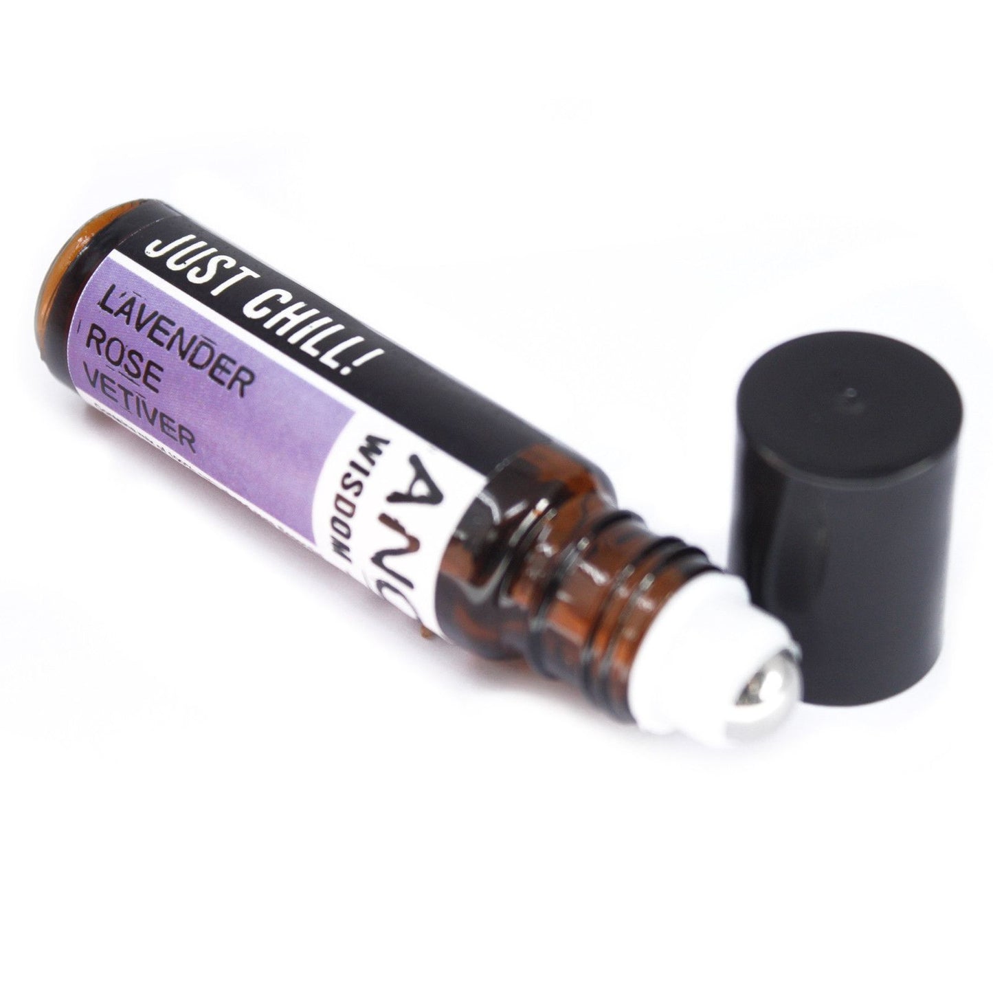 Aceite esencial en roll-on "Just Chill!" de lavanda, rosa y vetiver en frasco marrón de 10 ml.