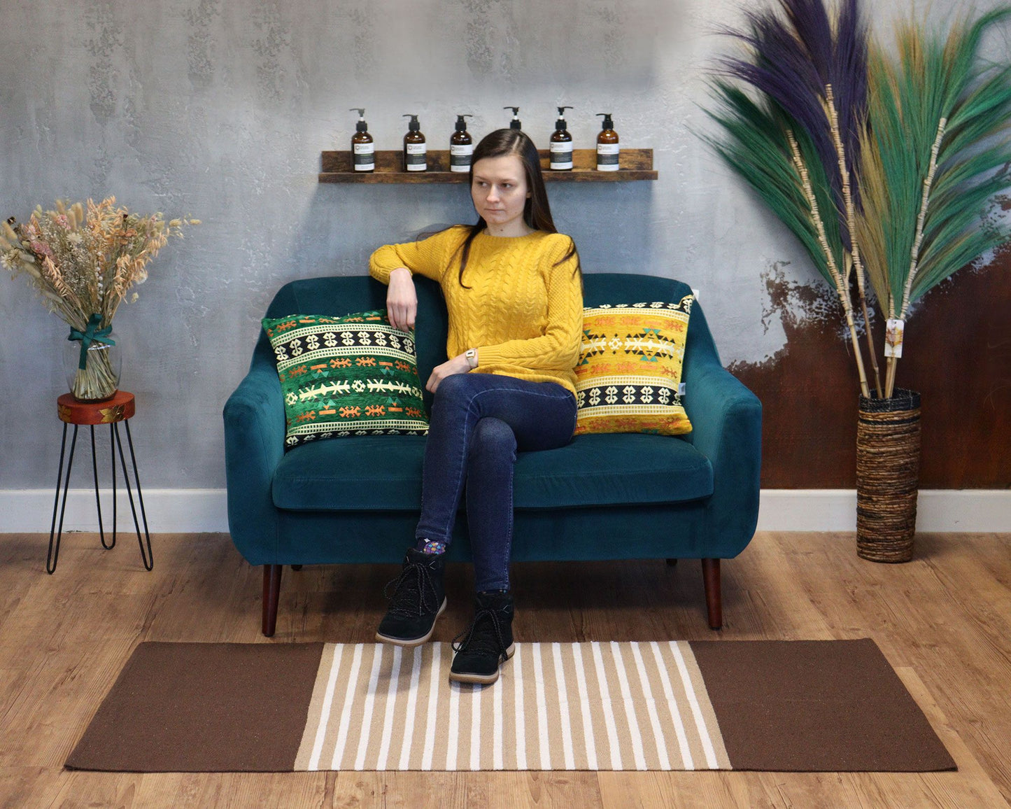 Alfombra India de Algodón - 70x170cm - Marrón Oscuro / Beige