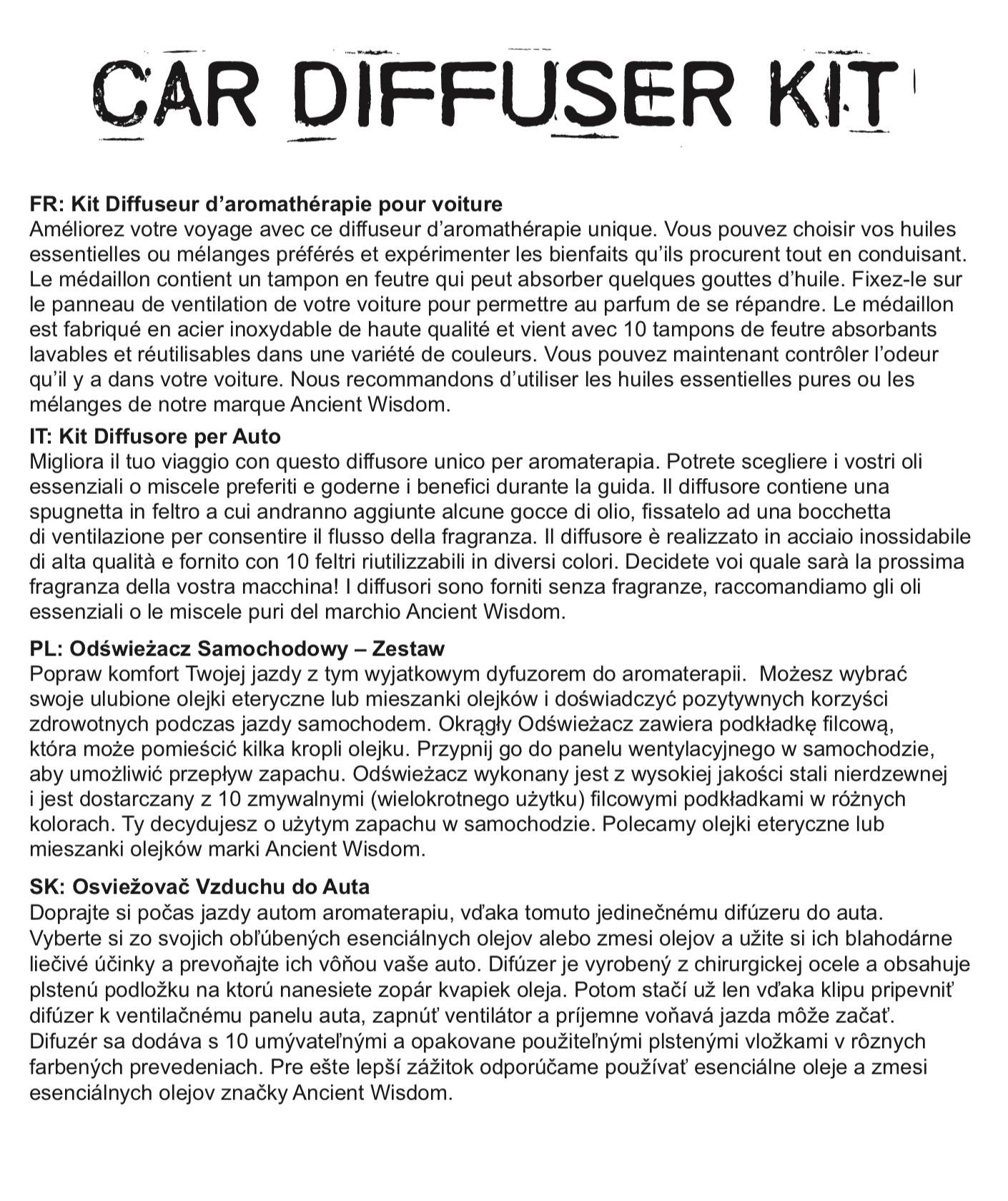 Ficha técnica de Ancient Wisdom para kit difusor de aromaterapia de acero inoxidable para rejilla de ventilación.