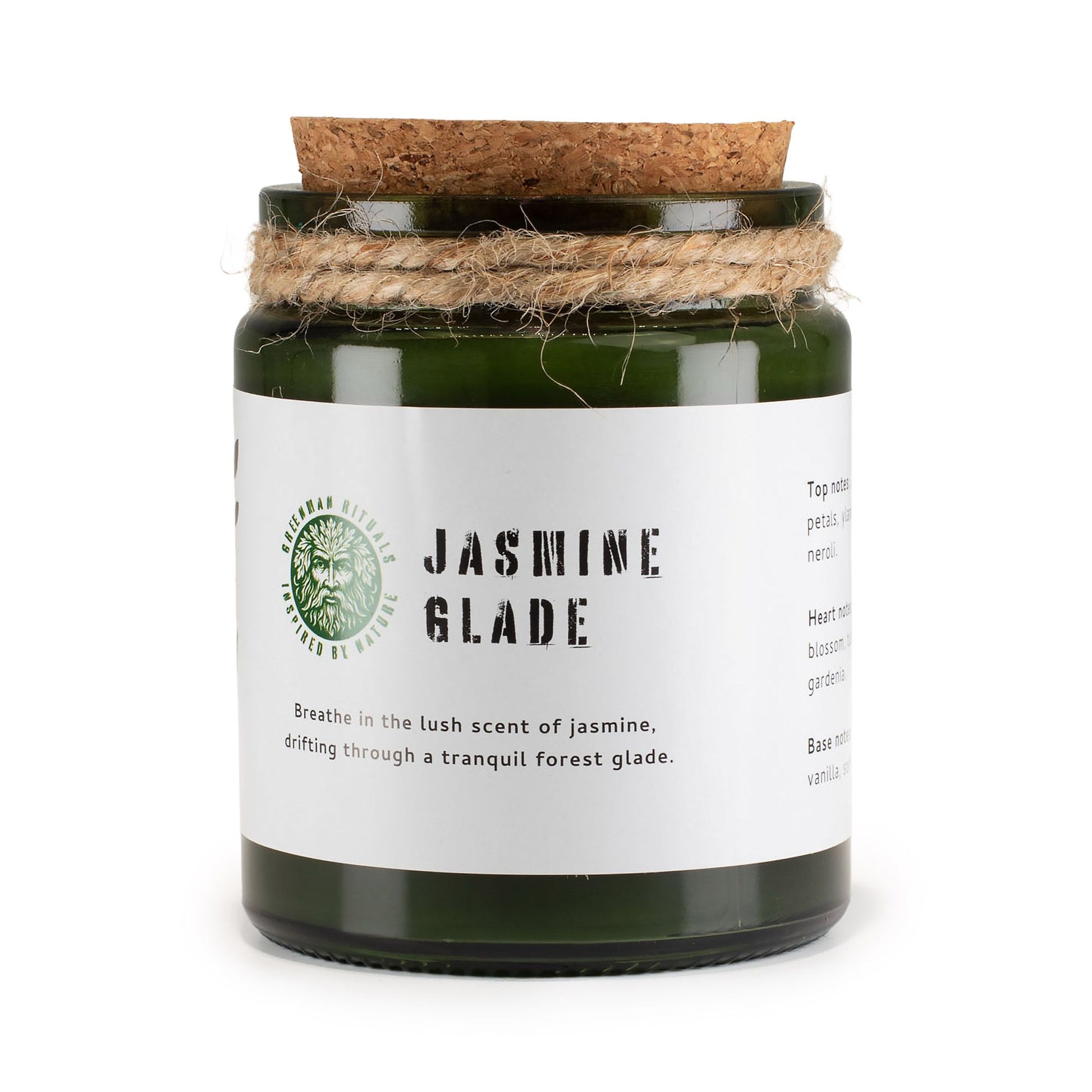 Vela de jardín "Jasmine Glade" en frasco verde, con aroma a jazmín y tapa de corcho, decorada con cuerda natural.