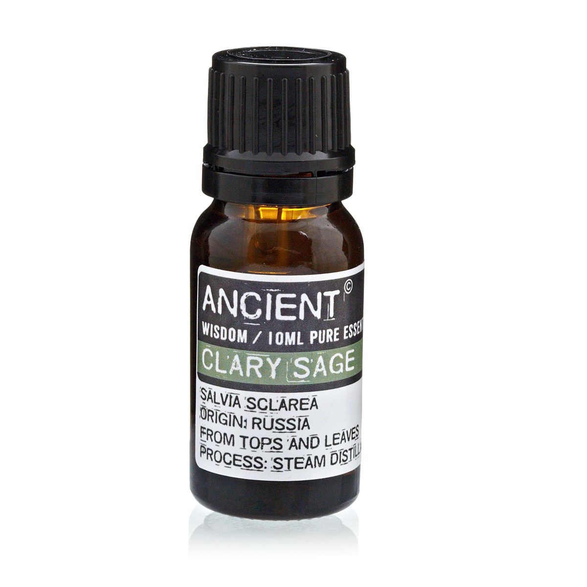 Aceite esencial de salvia sclarea, 10ml, botellita ámbar, aroma herbal, origen Rusia, destilación al vapor.