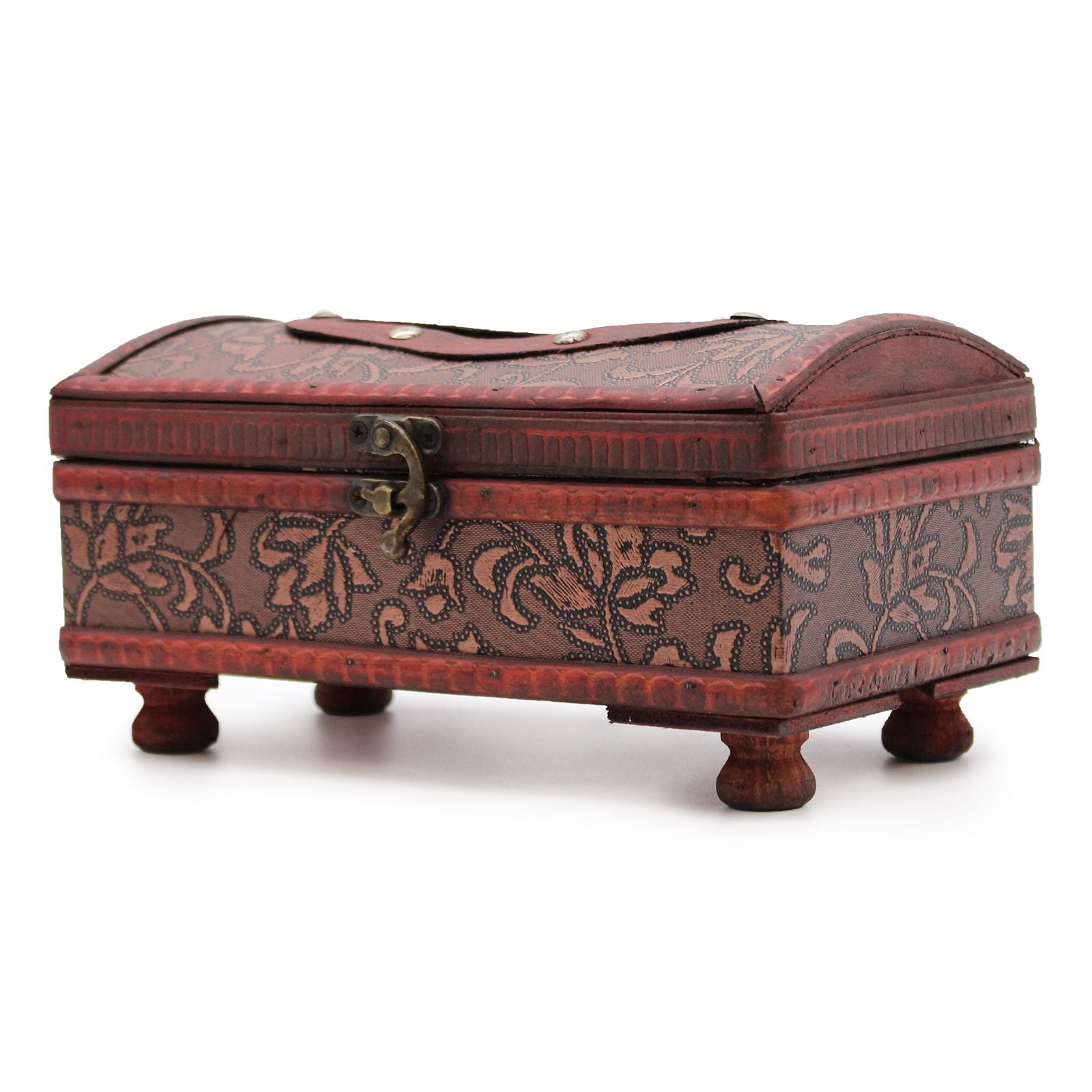 Caja decorativa de madera en tonos rojos y dorados, con diseño floral y patas. Ideal para almacenar joyas.