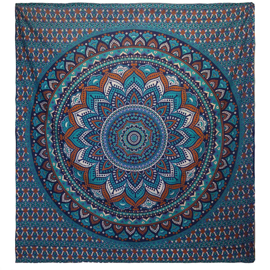 Tapestry mandala azul y terracota, algodón suave, diseño bohemio ideal para decoración de pared o colchoneta.