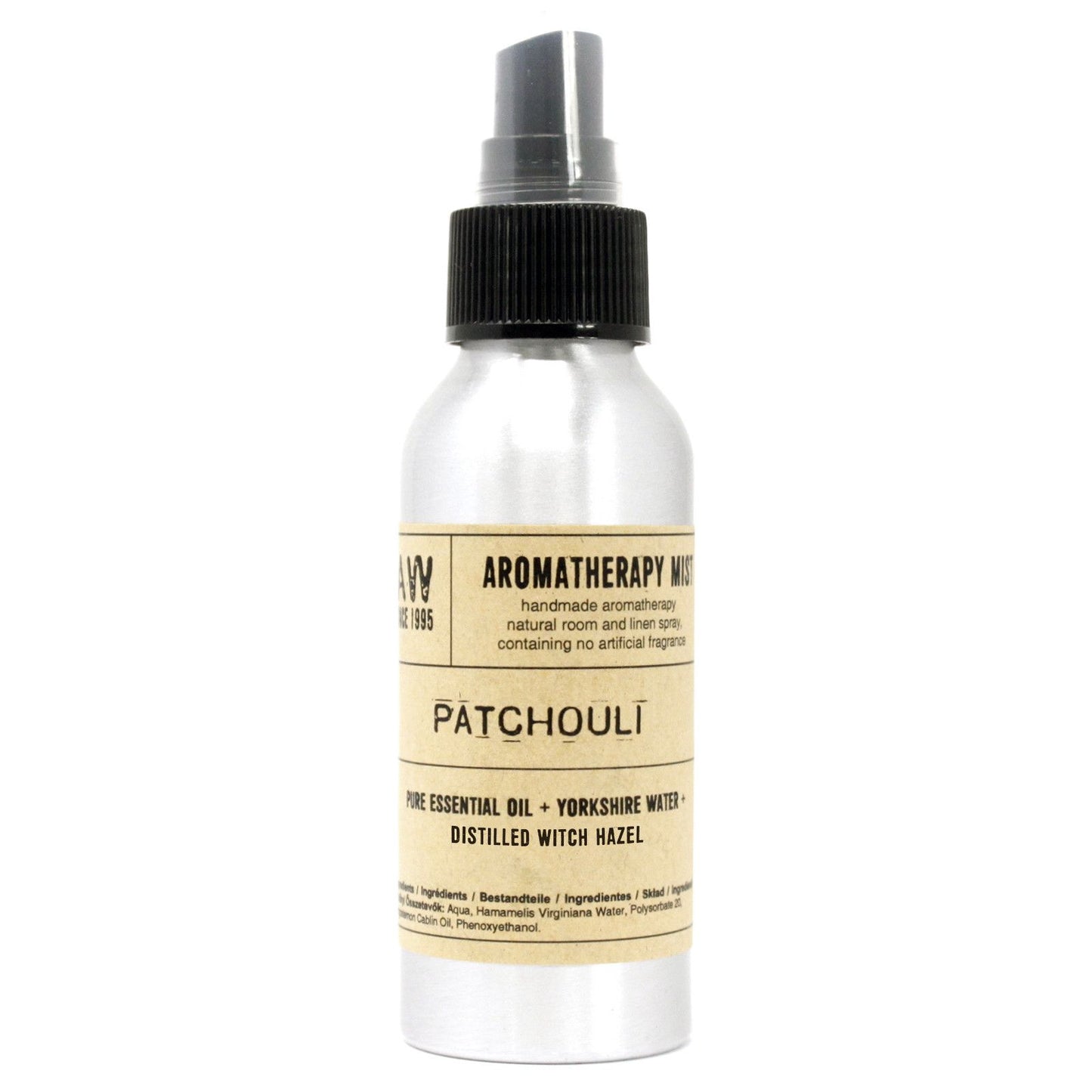 Aromaterapia spray de pachulí, en botella metálica plateada, con agua de Yorkshire y extracto de avellana.