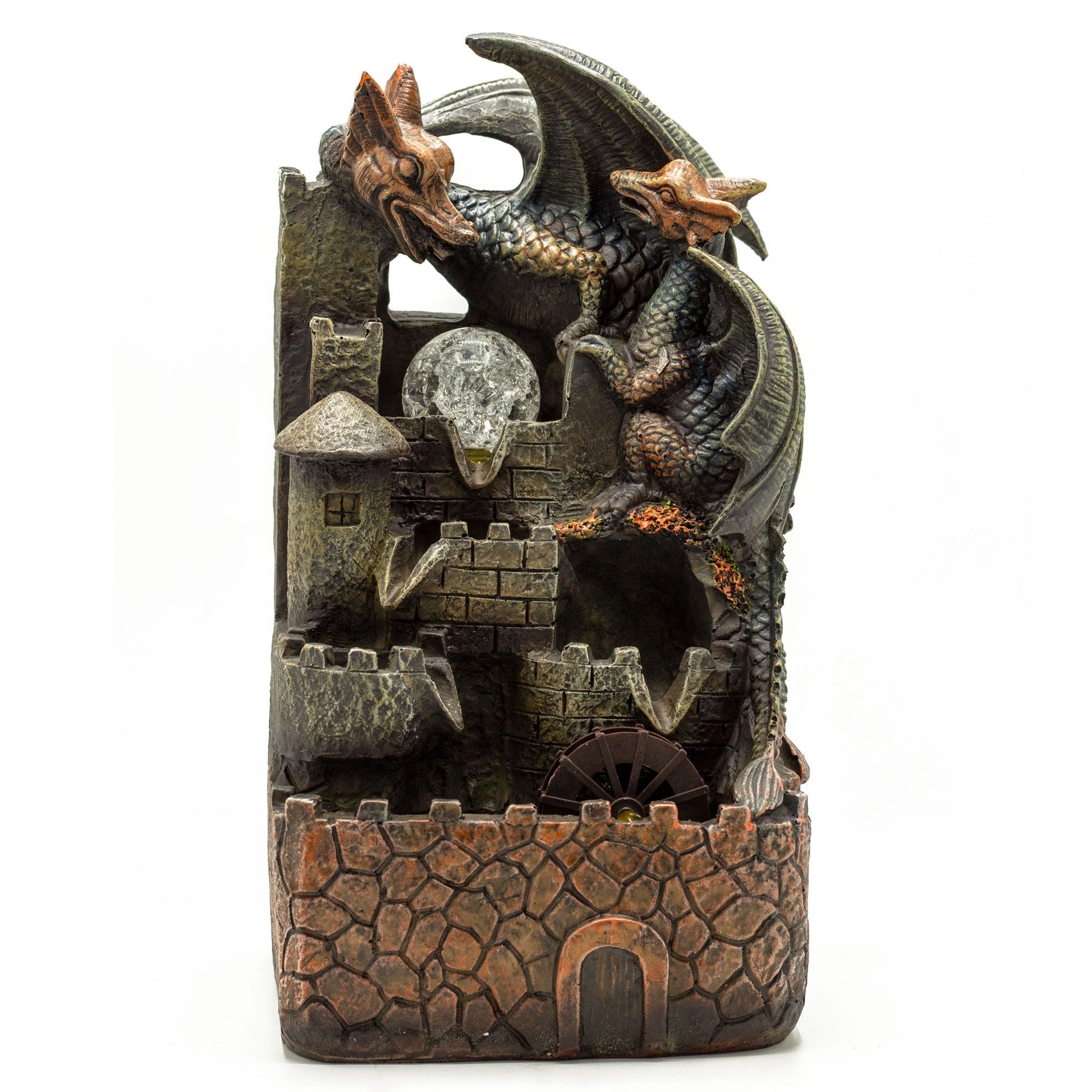 Fuente de sobremesa 35cm: Castillo de resina con dragones, bola de cristal y rueda de agua en tonos piedra y bronce.