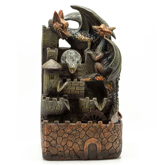 Fuente de sobremesa 35cm: Castillo de resina con dragones, bola de cristal y rueda de agua en tonos piedra y bronce.