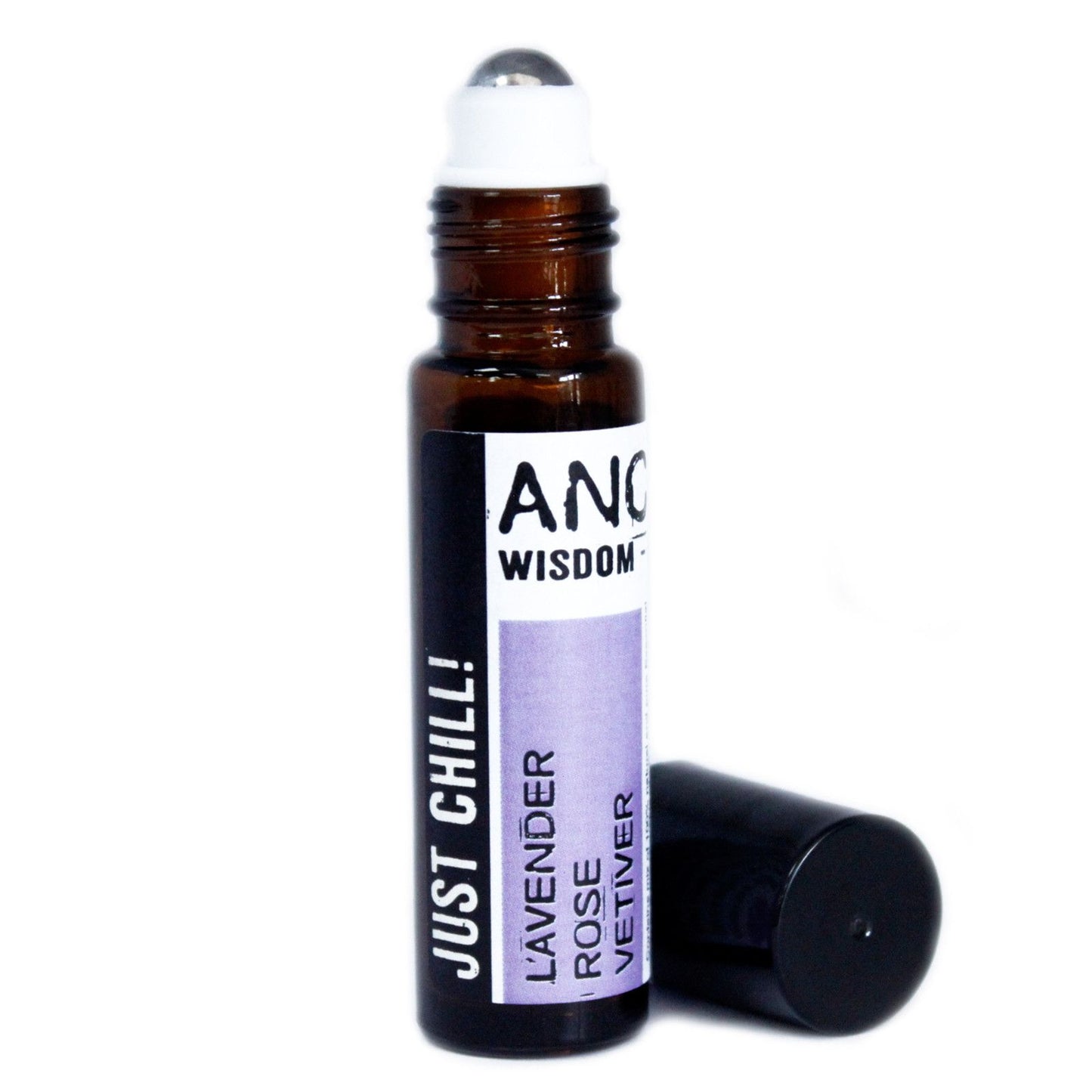 Roll-on de aromaterapia Just Chill! con lavanda, rosa y vetiver en frasco ámbar. Ideal para relajación y bienestar.