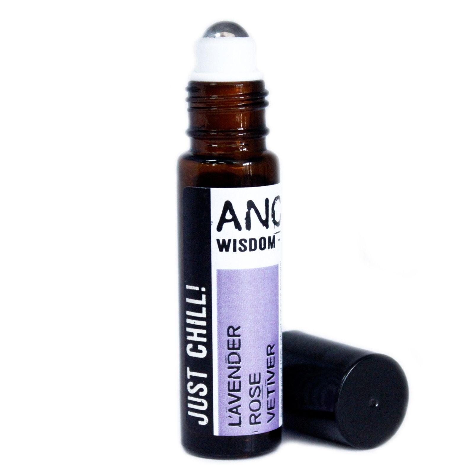 Roll-on de aromaterapia Just Chill! con lavanda, rosa y vetiver en frasco ámbar. Ideal para relajación y bienestar.