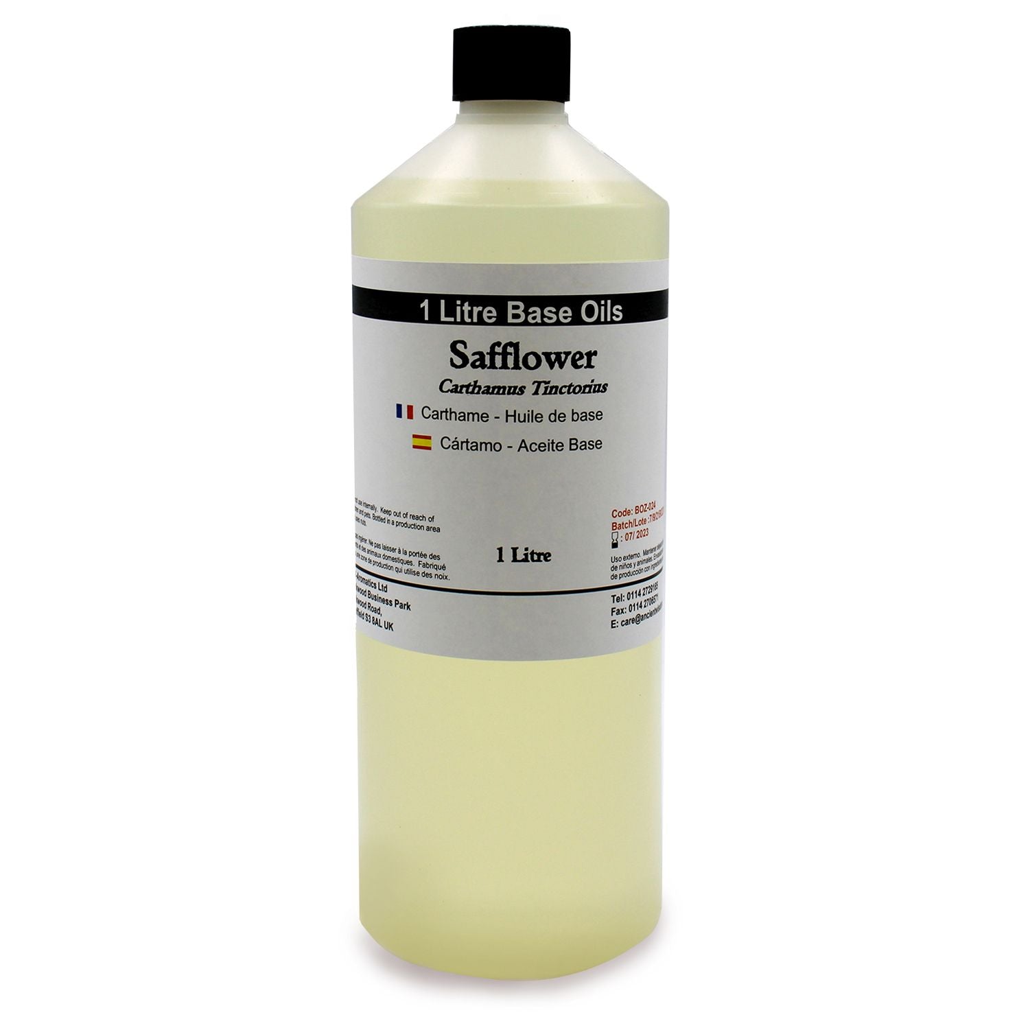 Aceite base de cártamo de 1 litro, transparente y suave, ideal para cosméticos y masajes.