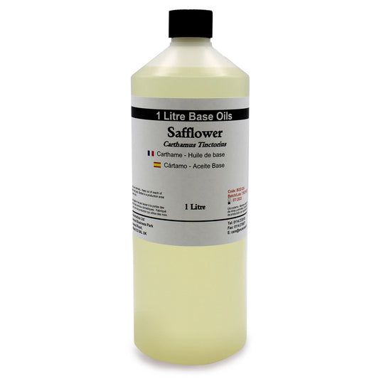 Aceite base de cártamo de 1 litro, transparente y suave, ideal para cosméticos y masajes.