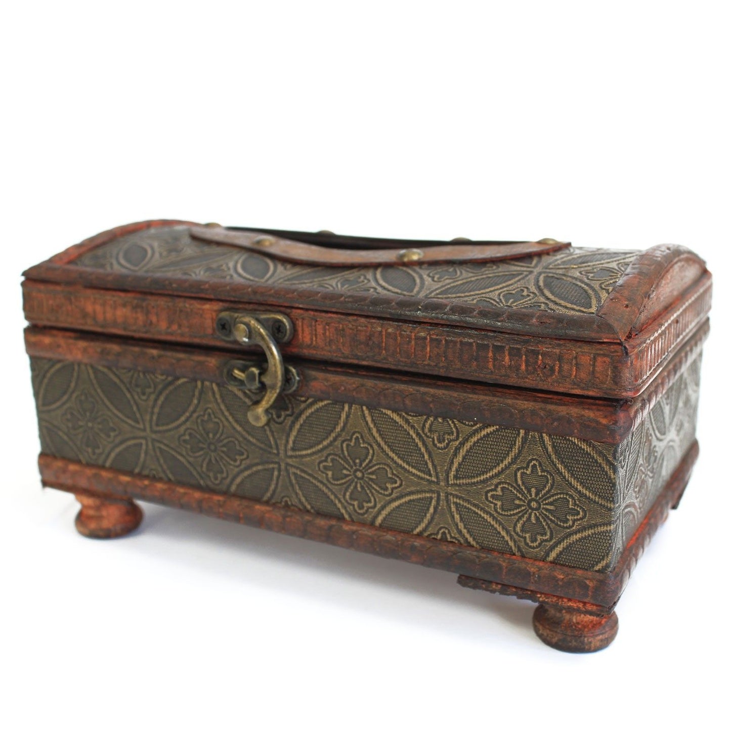 Caja decorativa vintage de madera, marrón y dorado, con diseño geométrico y cierre de metal. Ideal para almacenamiento.