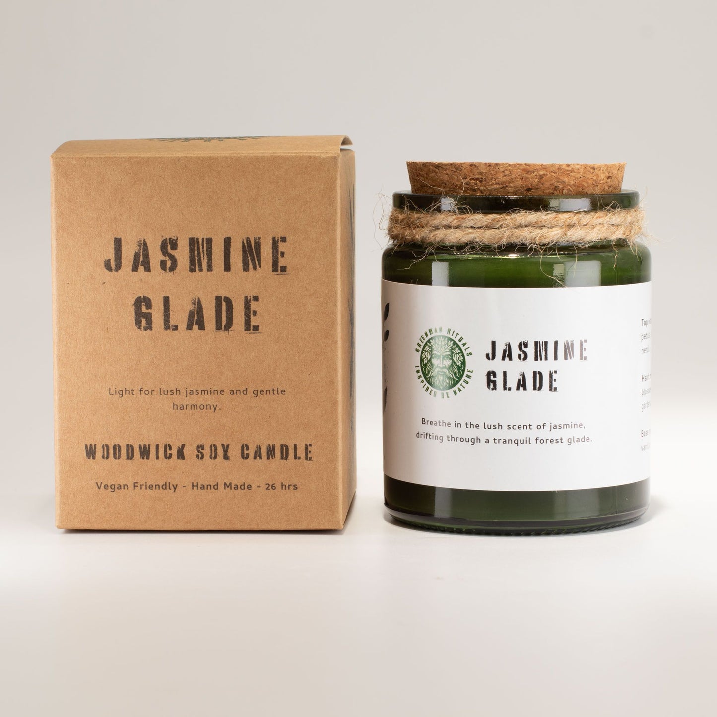 Vela de soja verde "Jasmine Glade" en tarro de cristal, con tapa de corcho, 26 horas de duración, vegana y artesanal.