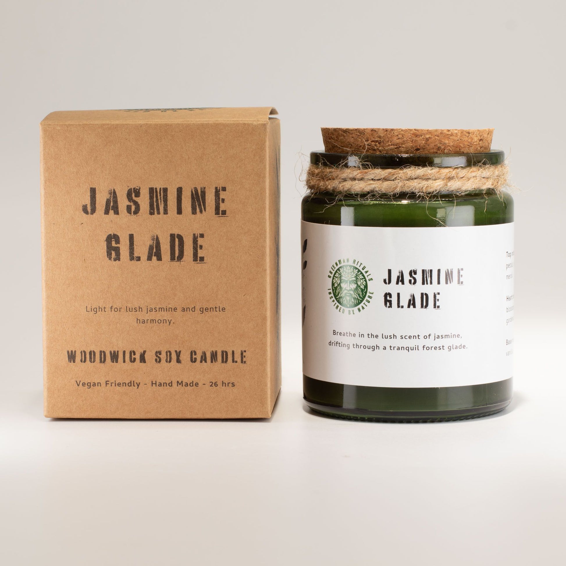 Vela de soja verde "Jasmine Glade" en tarro de cristal, con tapa de corcho, 26 horas de duración, vegana y artesanal.