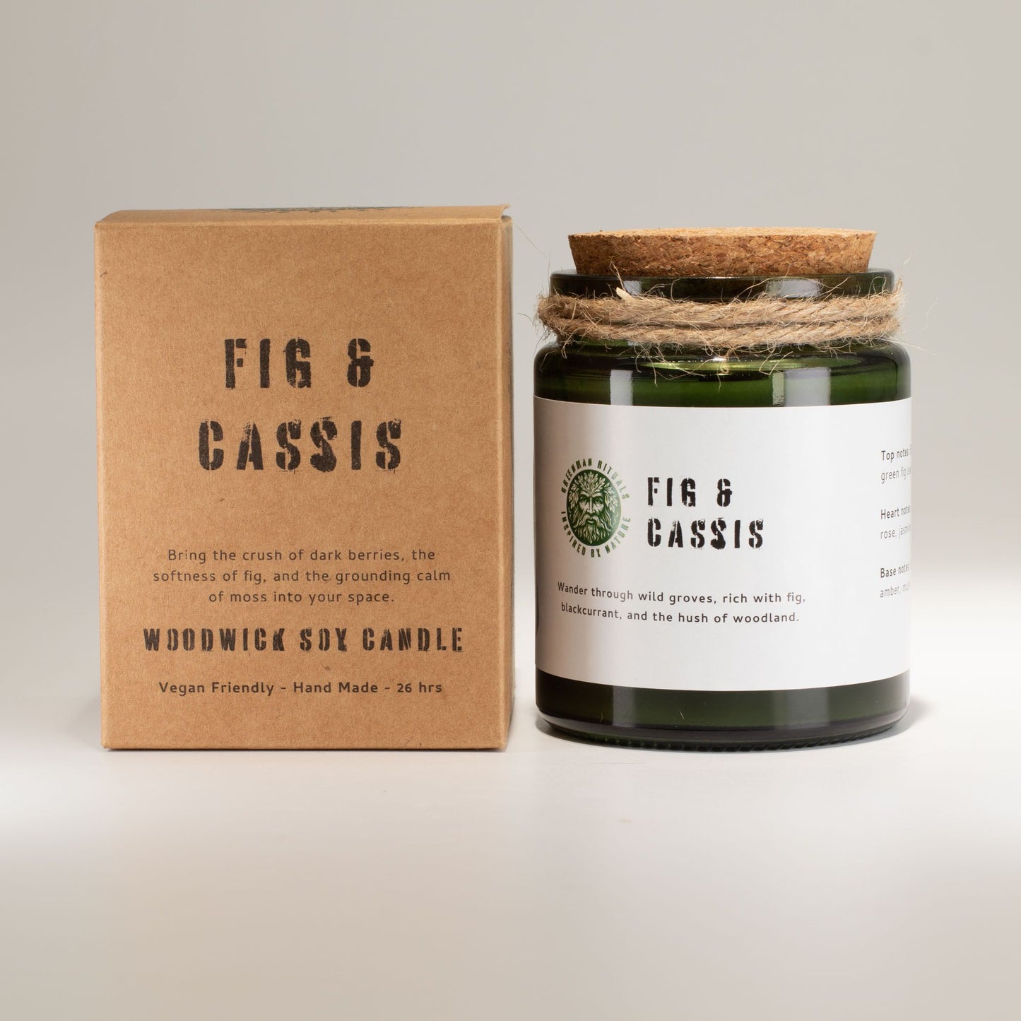 Vela de soja vegana "Higo y Cassis", frascos verdes, tapa de corcho, aroma afrutado, 26 horas de duración.
