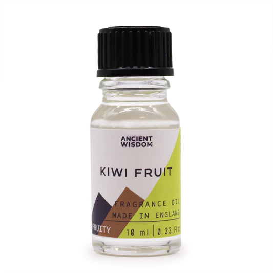 Frasco de vidrio de 10 ml con aceite de fragancia de kiwi, tapa negra y etiqueta con motivos geométricos verdes.