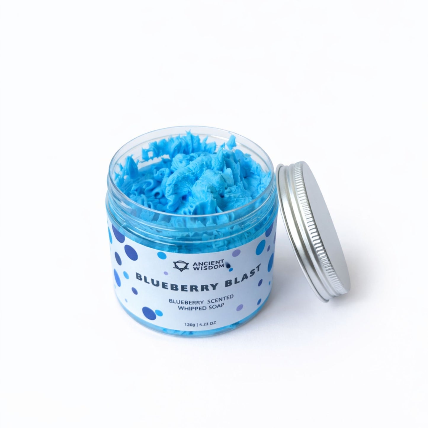 Jabón batido Blueberry Blast en frasco azul, 120g, aroma a arándano, estilo moderno y colorido.