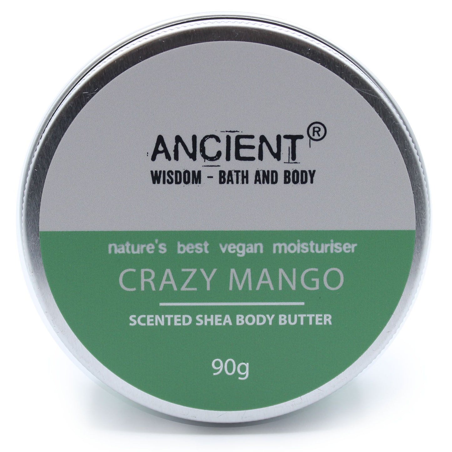 Tapa metálica circular de manteca corporal Ancient Wisdom, diseño verde y gris, aroma a mango, 90g.