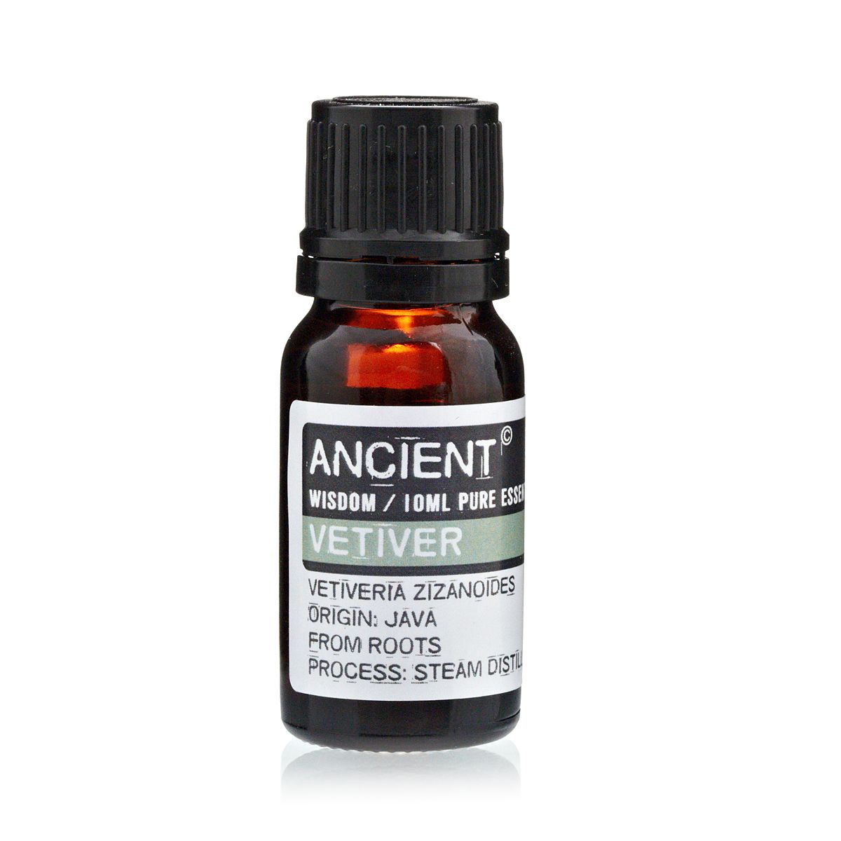 Aceite esencial de vetiver puro, botella de 10 ml, color ámbar, destilado de raíces, origen Java.