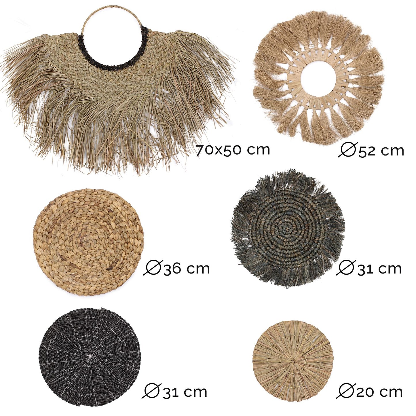 Decoraciones de mimbre natural en varios tamaños y colores: beige, negro y marrón. Ideal para decoración bohemia.