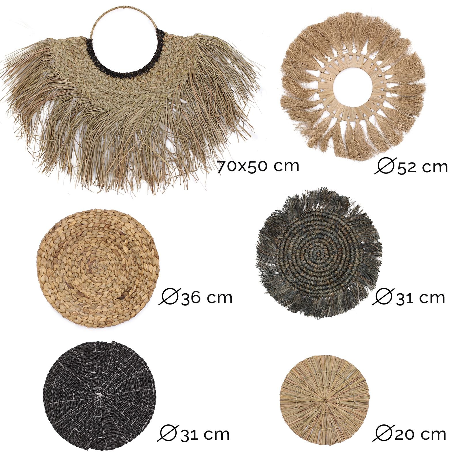 Decoraciones de mimbre natural en varios tamaños y colores: beige, negro y marrón. Ideal para decoración bohemia.