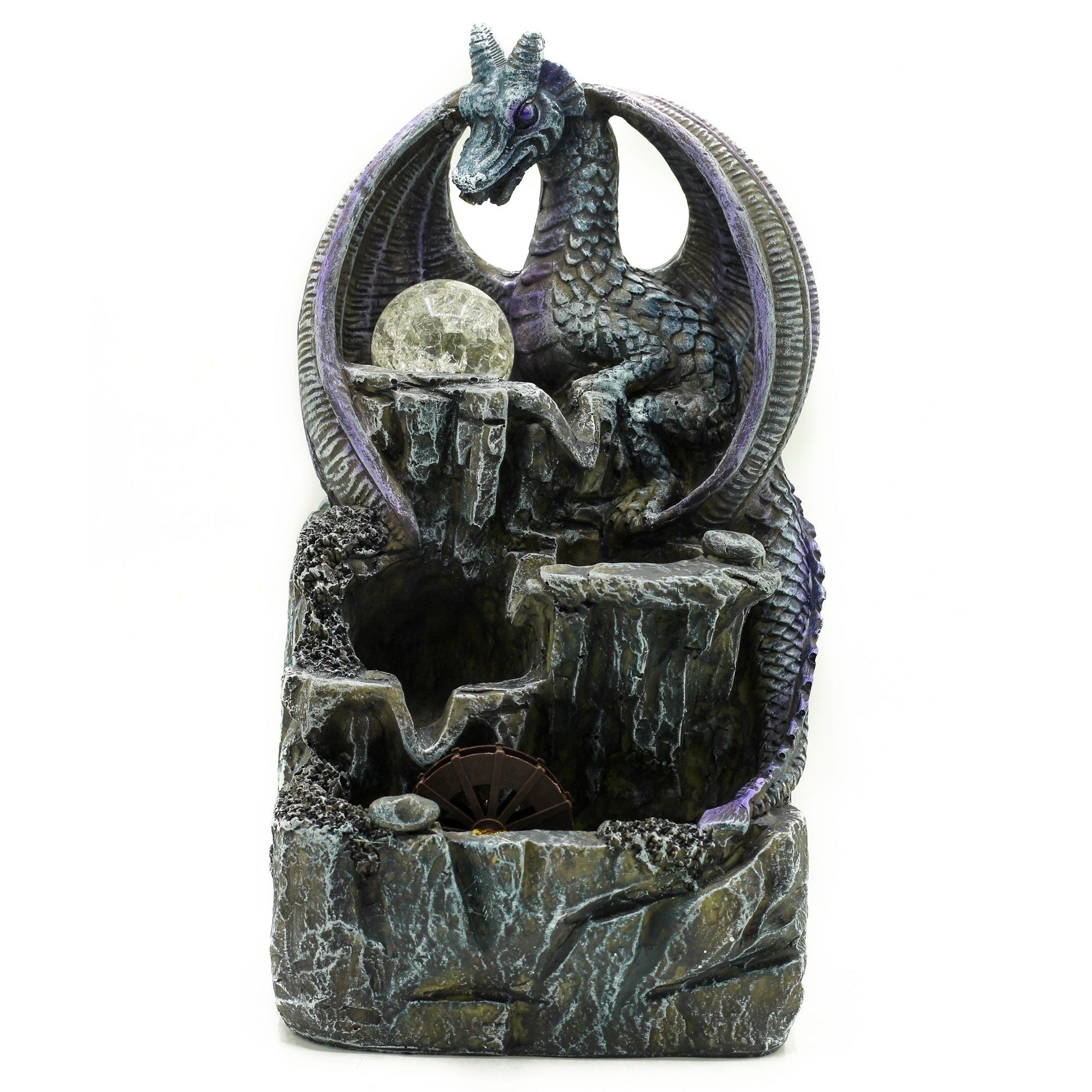 Fuente de resina con dragón gris y morado, bola de cristal brillante, rueda de agua y base rocosa de 35cm.