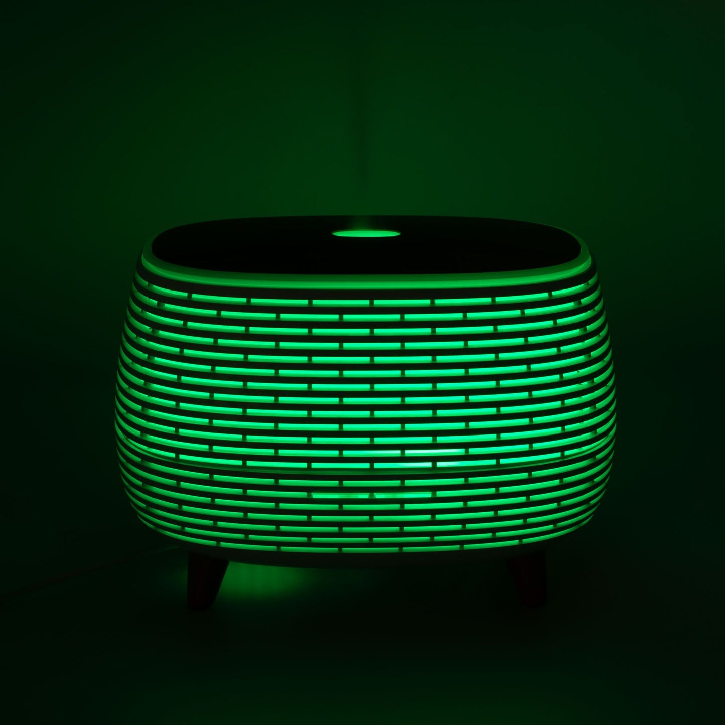 Mesa moderna de luz LED verde, diseñada en estilo contemporáneo con acabado de plástico y patas de madera.