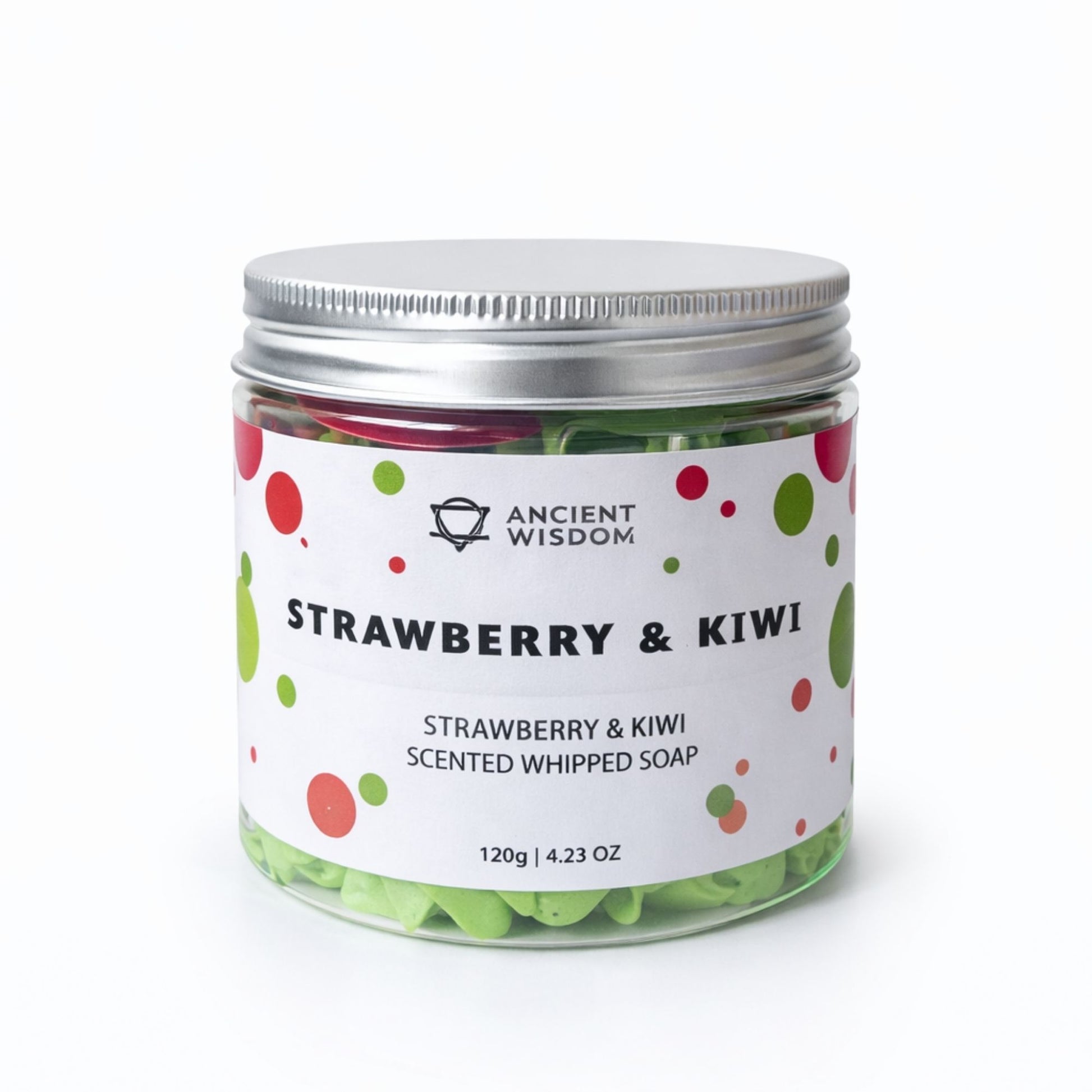 Jabón batido aromático fresa y kiwi en frasco de vidrio, 120g, colores verde y rosa. Ideal para el cuidado personal.