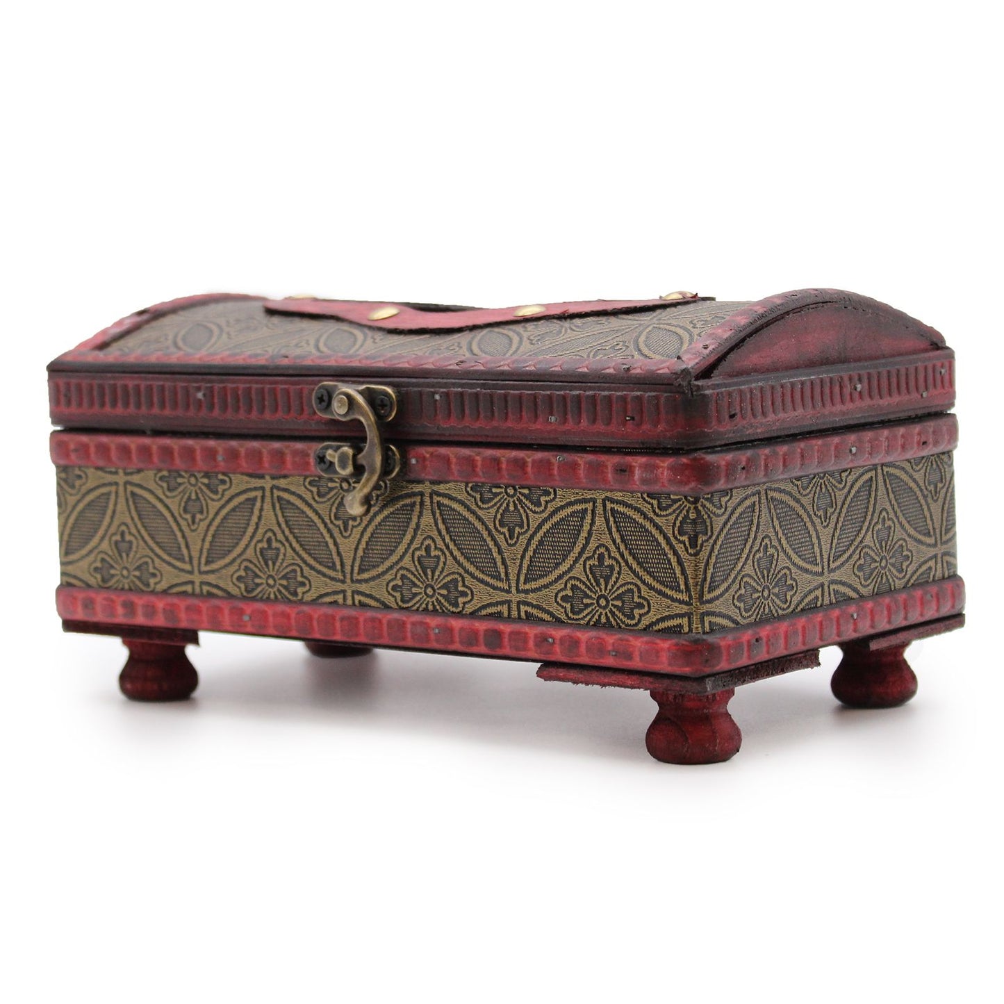 Caja decorativa vintage en color rojo y dorado, fabricada en madera con diseño floral y patas de soporte.