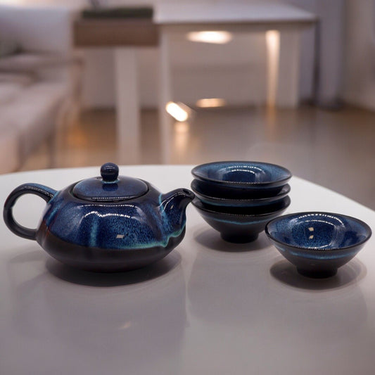 Set de Tetera - Tonos azules - Tetera y Cuatro Tazas