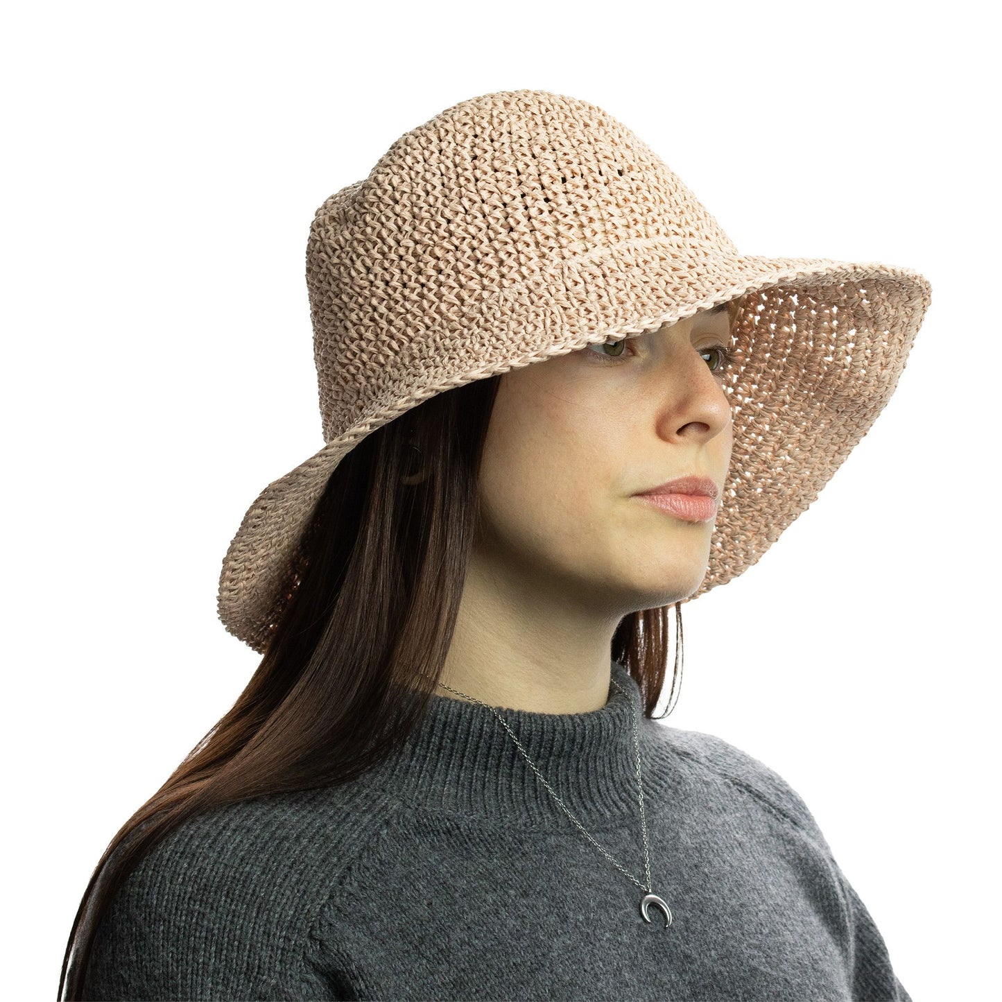 Sombrero de paja rosa claro, estilo de playa, tejido trenzado, con ala ancha y cómoda.