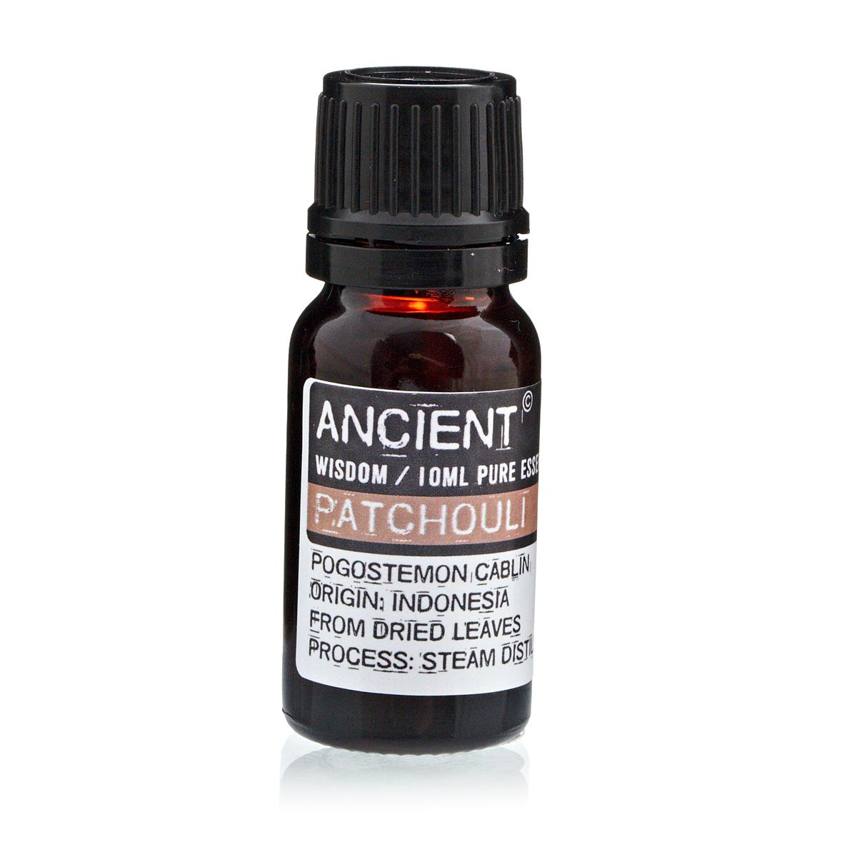 Aceite esencial de patchouli, envase ámbar de 10 ml, aroma terroso, origen Indonesia, extracción por destilación al vapor.