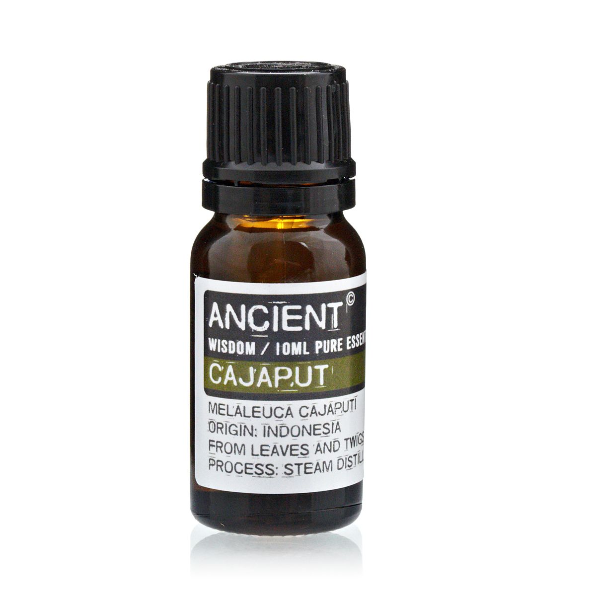 Aceite esencial de cajeput en frasco ámbar de 10 ml, extraído de hojas y ramas, de origen indonesia.