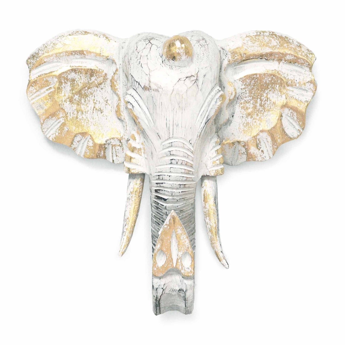 Cabeza de elefante decorativa en blanco y dorado, hecha de resina con un estilo vintage y texturizado.